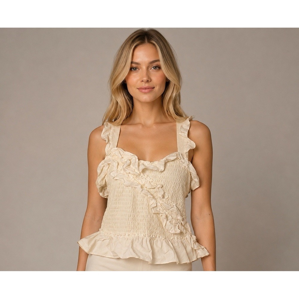 Maeve Anthropologie White Smocked Ruffle Cami Tank Top Boho Cottagecore SZ Small